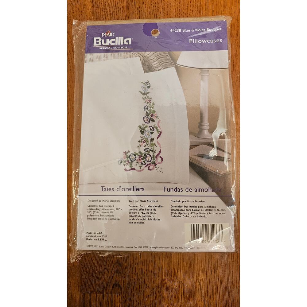 Bucilla Blue & Violet Bouquet Pillowcase Pair Embroidery Kit 64238 New